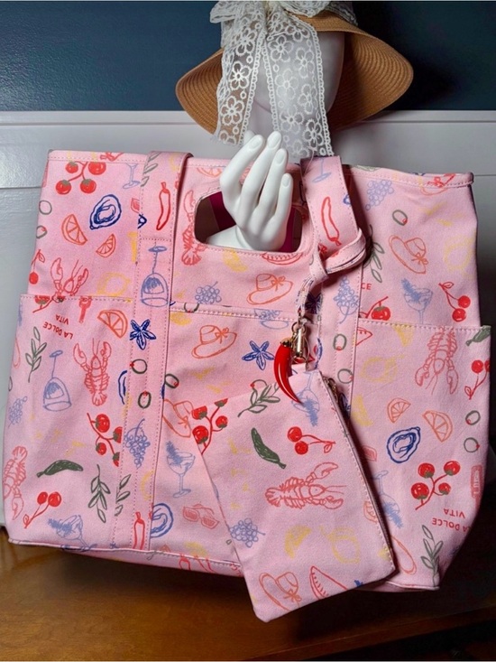 ❀ Handbags - Italian Coastal Motif Tote Soft Pink with Green Stripe Interior